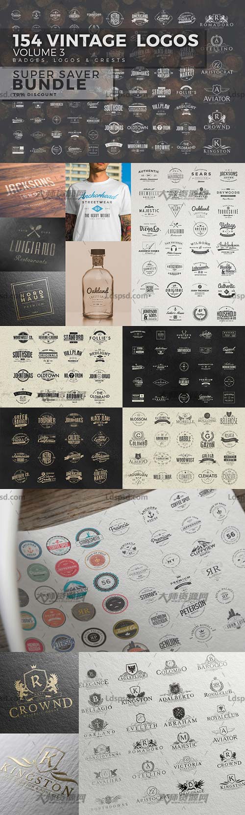 154 Vintage Logos Bundle Vol.3,154个复古的徽章/标签/商标